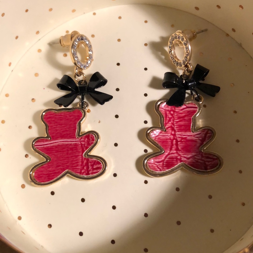 Leather effect red bear earrings